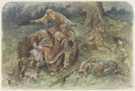Wounded Adalbert is carried away, 1824-1894. Creator: Charles Rochussen.