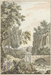 Arcadian forest landscape with a waterfall, a bridge and three young men, 1780. Creator: Dirk Versteegh.