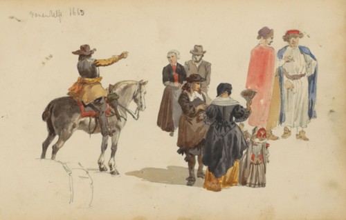 Figures in seventeenth-century clothing, c. 1846-c. 1882. Creator: Cornelis Springer.