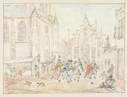 Square with people in the rain, 1782-1837. Creator: Pieter Bartholomeusz. Barbiers.
