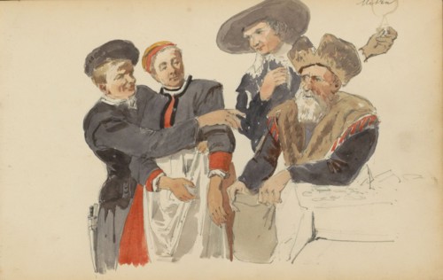 Group in seventeenth-century clothing, c. 1846-c. 1882. Creator: Cornelis Springer.