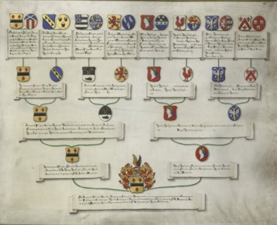 Pedigree with the coats of arms of the sixteen quarters of Jan van de Poll, 1700-1749. Creator: Anon.