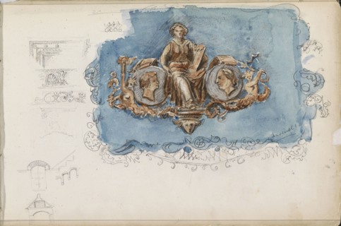 Vignette with seated woman and two portraits, 1862-1867. Creator: Isaac Gosschalk.
