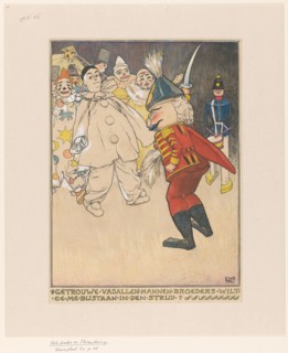 Nutcracker brandishes his sabre in front of a group of dolls, 1898.  Creator: Willem Wenckebach.