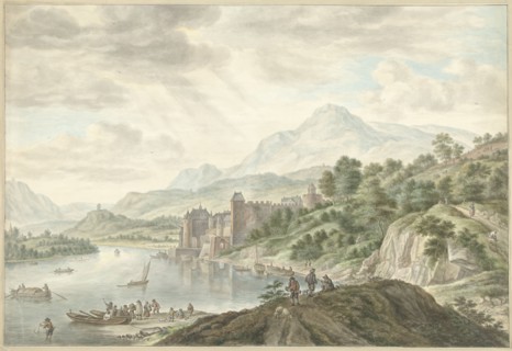 Hilly landscape with a castle on a river, 1795. Creator: Abraham Delfos.