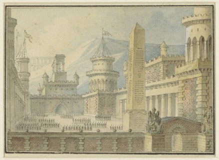 Courtyard of a fortress with obelisk, troops in line, 1800-1900. Creator: Alphonse Jean-Baptiste Vien.