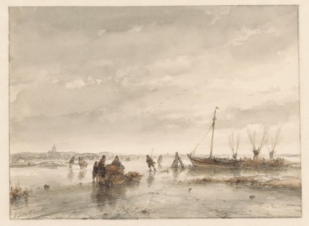 Winter landscape with frozen lake, 1797-1870. Creator: Andreas Schelfhout.