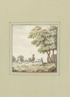 A soldier hands a shepherd a bag of money, 1700-1800. Creator: Anon.