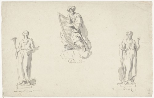 Three designs for organ decoration: Singing, King David and Music, 1741-1801. Creator: Anthony Ziesenis.