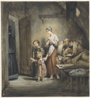 Sick man in bed with a woman and two children next to him, 1805-1858. Creator: Ary Scheffer.