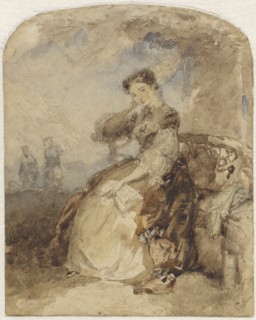 Lady sitting on a bench under a tree, with a book in hand, 1824-1894. Creator: Charles Rochussen.