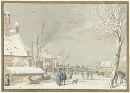 Frozen city canal with skaters, 1769. Creator: Cornelis van Noorde.