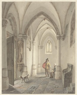 Church interior with man giving alms to a beggar, 1817-1879. Creator: George Gillis Haanen.