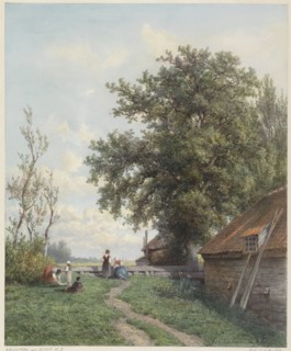 Farmyard with some figures, a shed and large tree on the right, 1839-1904. Creator: Hendrik Dirk Kruseman van Elten.