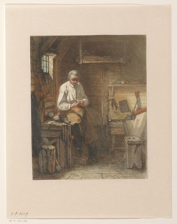 Carpenter sitting on a planer in his workshop, 1861. Creator: Jacob Taanman.