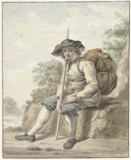 Seated man with a knapsack and a stick, 1784. Creator: Jacob van Strij.