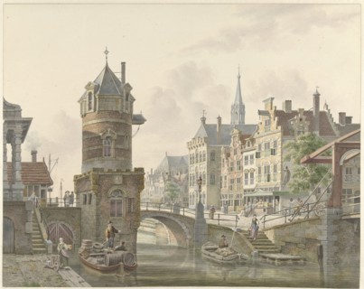 Canal in a city with a turret at a stone bridge, 1788-1846. Creator: Jan Hendrik Verheyen.