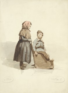 Girl pushes a boy into a sled, 1836-1915. Creator: Johannes Eugel Masurel.