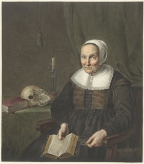 Portrait of a sitting old woman with opened book, 1780-1834. Creator: Jean Pierre de Frey.