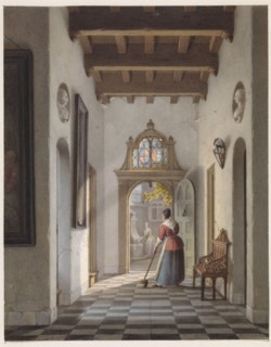 Maid sweeping the hallway of a house, 1837. Creator: Louis Henri de Fontenay.