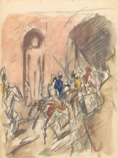 Horsemen in front of a niche with a statue of a Hindu god, 1924-1925. Creator: Marius Bauer.