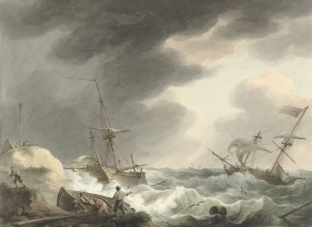 Shipwreck of two ships, one of which is under American flag, on a dune coast, 1780-1848. Creator: Martinus Schouman.