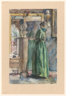 Lady in green dress standing in front of a mirror, 1874-1918. Creator: Martinus van Andringa.
