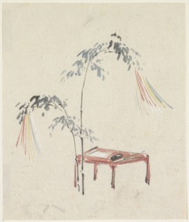 Still life of a red table and decorated bamboo, 1808-1861. Creator: Utagawa Kuniyoshi.