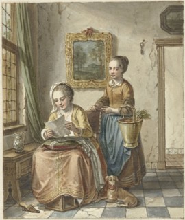 Sitting woman with maid, reading a letter, 1748-1798. Creator: Willem Joseph Laquy.