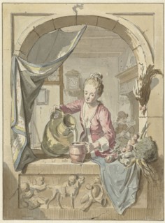 Woman pours milk from a jug, in a window, 1748-1798. Creator: Willem Joseph Laquy.