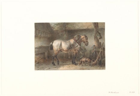 Horse and dog in a stable, 1851-1921. Creator: Wouter Verschuur.