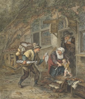 A fishmonger offers plaice to a schoolmaster and his family, 1763-1826. Creator: Abraham van Strij.