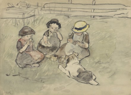 Three girls with a dog sitting in a meadow, 1860-1921. Creator: Adolf le Comte.