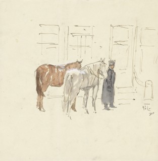 Man with two horses in front of a building, 1915. Creator: Adolf le Comte.