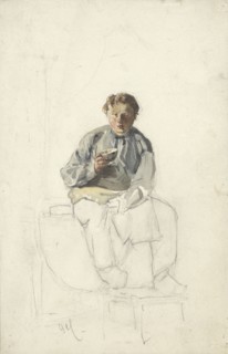 Seated boy with a cup, 1860-1921. Creator: Adolf le Comte.