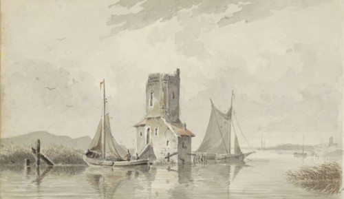 River landscape with a tower, c.1828-1897. Creator: Adrianus Eversen.