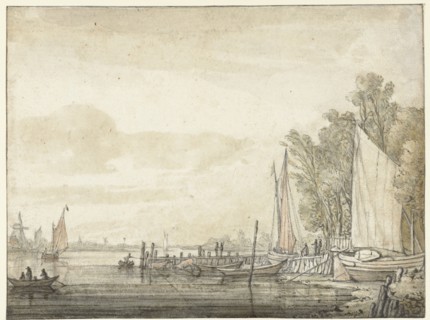 Boats at a jetty in a river, 1641-1642. Creator: Aelbert Cuyp.