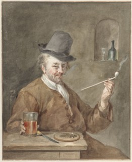 Man smoking a pipe at a table with a plate, a knife and a glass, 1778. Creator: Aert Schouman.