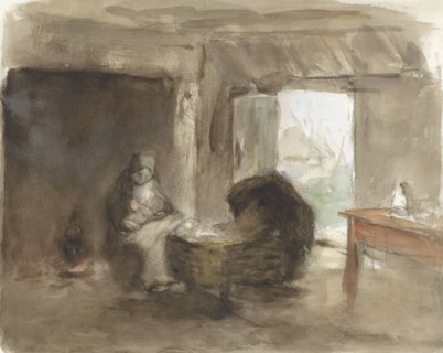 Woman with child near a cradle, 1854-1914. Creator: Albert Neuhuys.