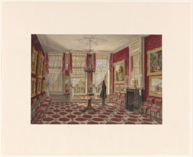19th century interior with paintings and standing figure, 1842-1848. Creator: Augustus Wijnantz.