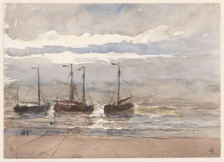 Fishing boats on the beach of Katwijk at rising tide, 1882. Creator: Carel Nicolaas Storm.