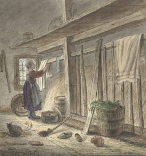 Corner of a stable with a girl hanging a cloth, 1772. Creator: Christina Chalon.