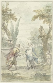Design for a theatre piece: the blindfolded Amaryllis grabs Mirtillo, 1715-1798. Creator: Dionys van Nijmegen.