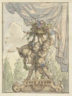 Three putti with a flower basket, 1677-1755. Creator: Elias van Nijmegen.