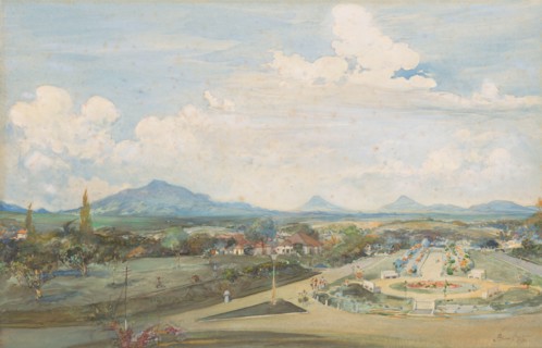 Thamrin Square in Semarang with the volcanoes Sindoro and Soembing in the background, 1930. Creator: Frans Bakker.