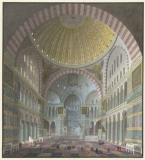 Interior of the Aya Sophia with kneeling and standing Turks, 1821-1847. Creator: Prosper Georges Antoine Marilhat.