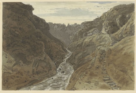 River valley and mountain road leading to two houses, 1777-1842. Creator: George Barret the Younger.