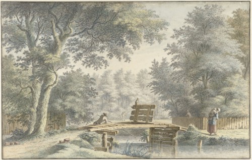 Landscape with an angler on a bridge, 1763. Creator: Gerard van Rossum.