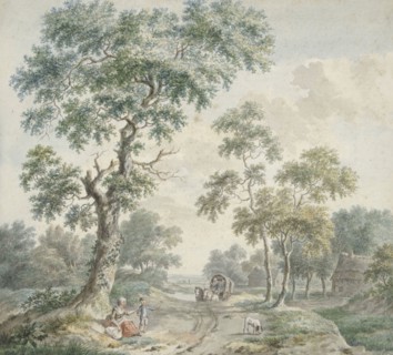 Woods with figures by a road, covered wagon approaching, 1779. Creator: Gerardus Wieringa.