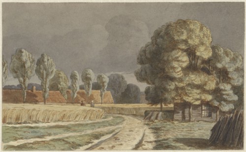 Wheat field between houses under a threatening thunderstorm in Hilversum, 1853-1858. Creator: Hendrik Abraham Klinkhamer.